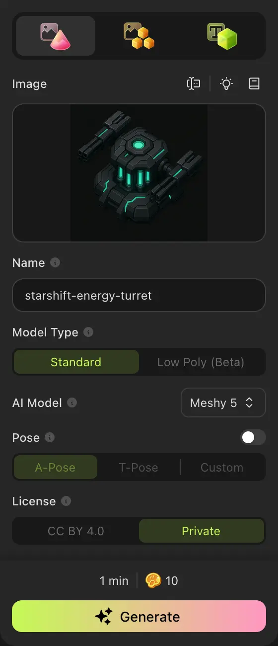 meshy.ai Image to 3D Settings