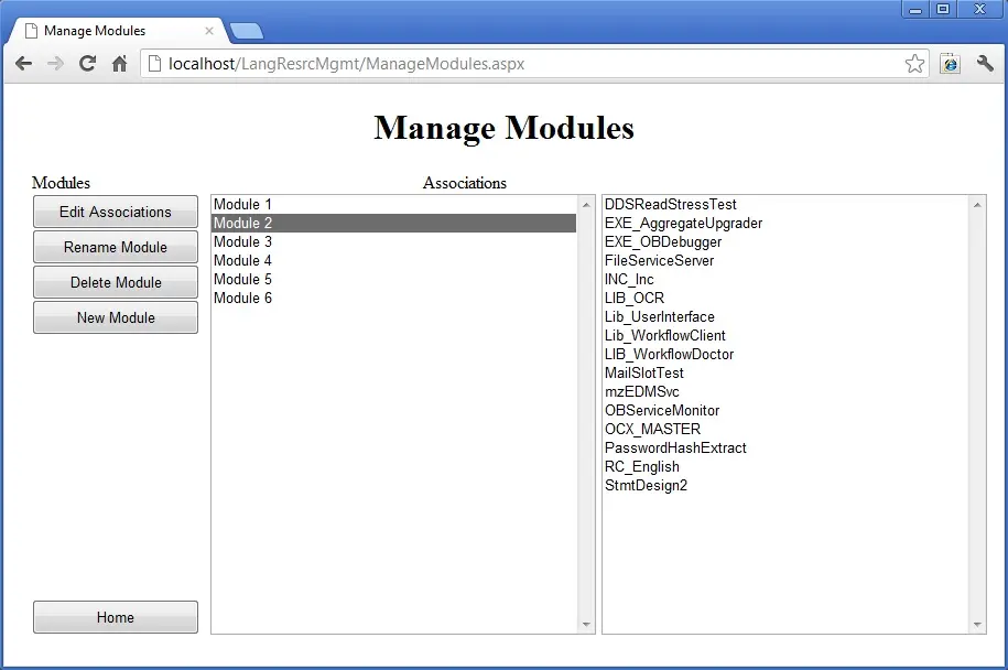 Manage Modules Webpage